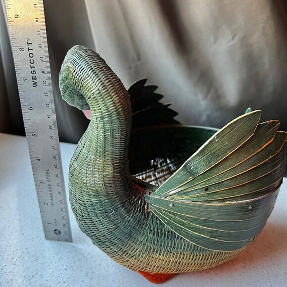Handcrafted Woven Duck Basket Green & Orange Decorative Storage Piece Natural - Picture 8 of 10